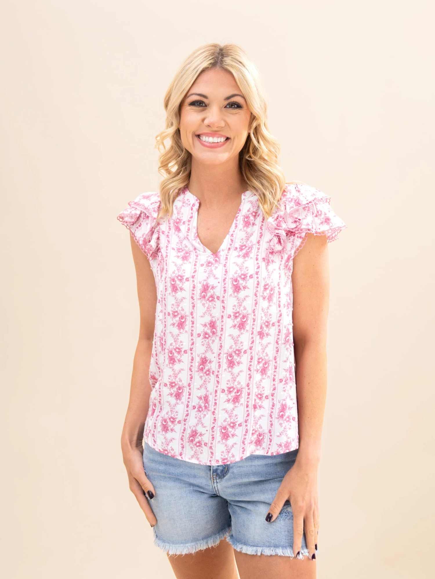 Stripe Floral Split Neck Ruffle Sleeve Top | S-3XL 5 Stripe Floral Split Neck Ruffle Sleeve Top | S-3XL - Image 5