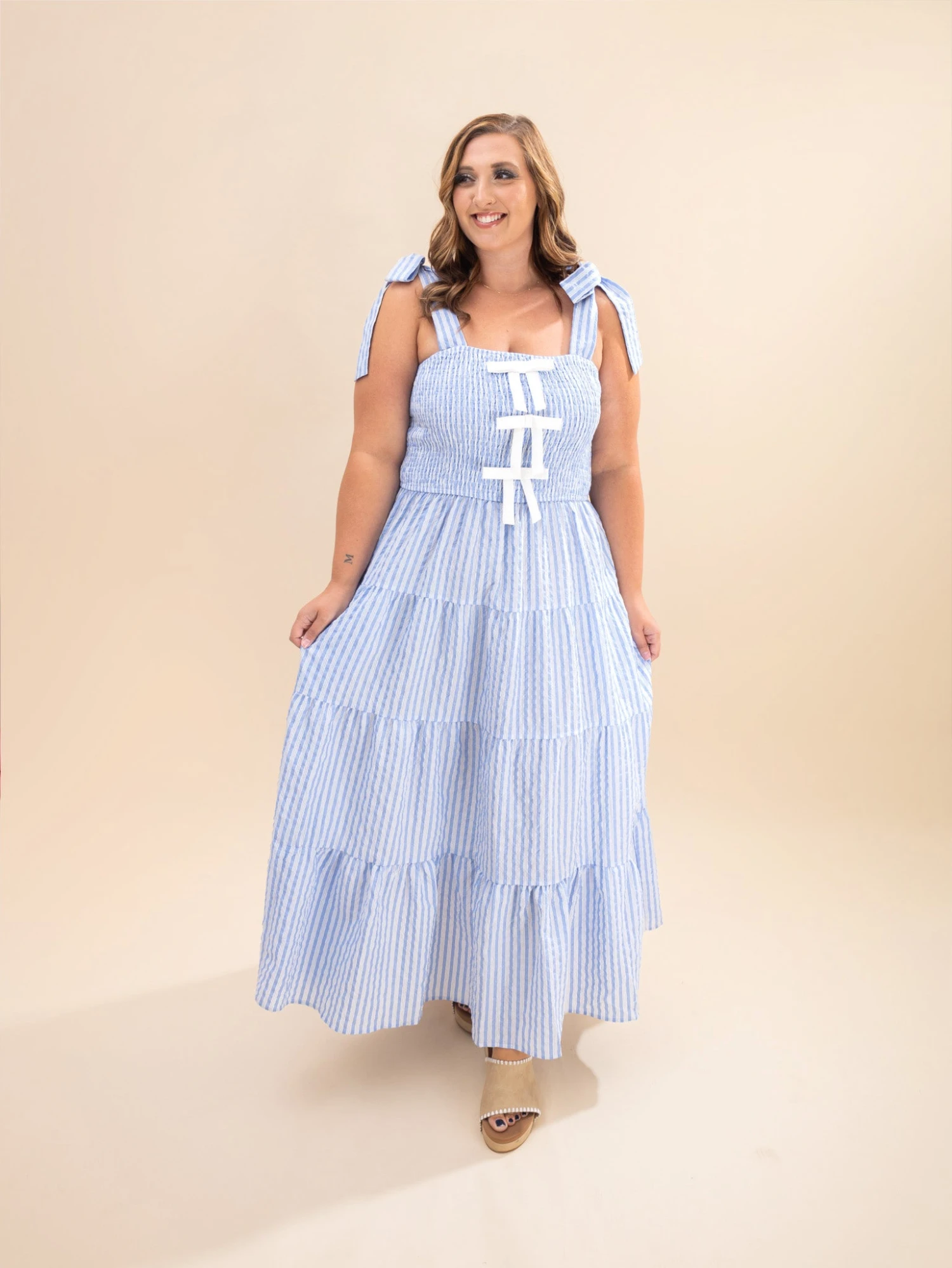 Striped Sleeveless Tiered Midi Dress W/ Front Ribbon | S-3XL 1 Striped Sleeveless Tiered Midi Dress W/ Front Ribbon | S-3XL