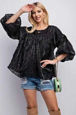 Puff Sleeve Heart Printed Organza Baby Doll Top | S-L Easel -Discount Divas Shop 28040b5d79dbb8db58b72ab3da75a697