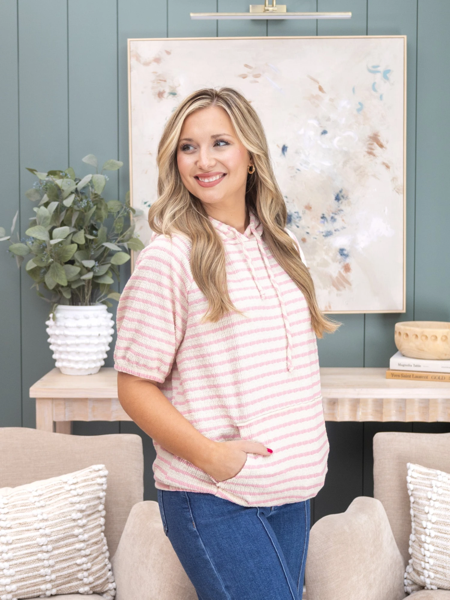 Stripe Jacquard Hooded Short Sleeve Top | S - 3X 4 Stripe Jacquard Hooded Short Sleeve Top | S - 3X - Image 4