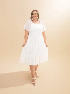 Floral Lace Smocked Short Sleeve Midi Dress | S-3XL