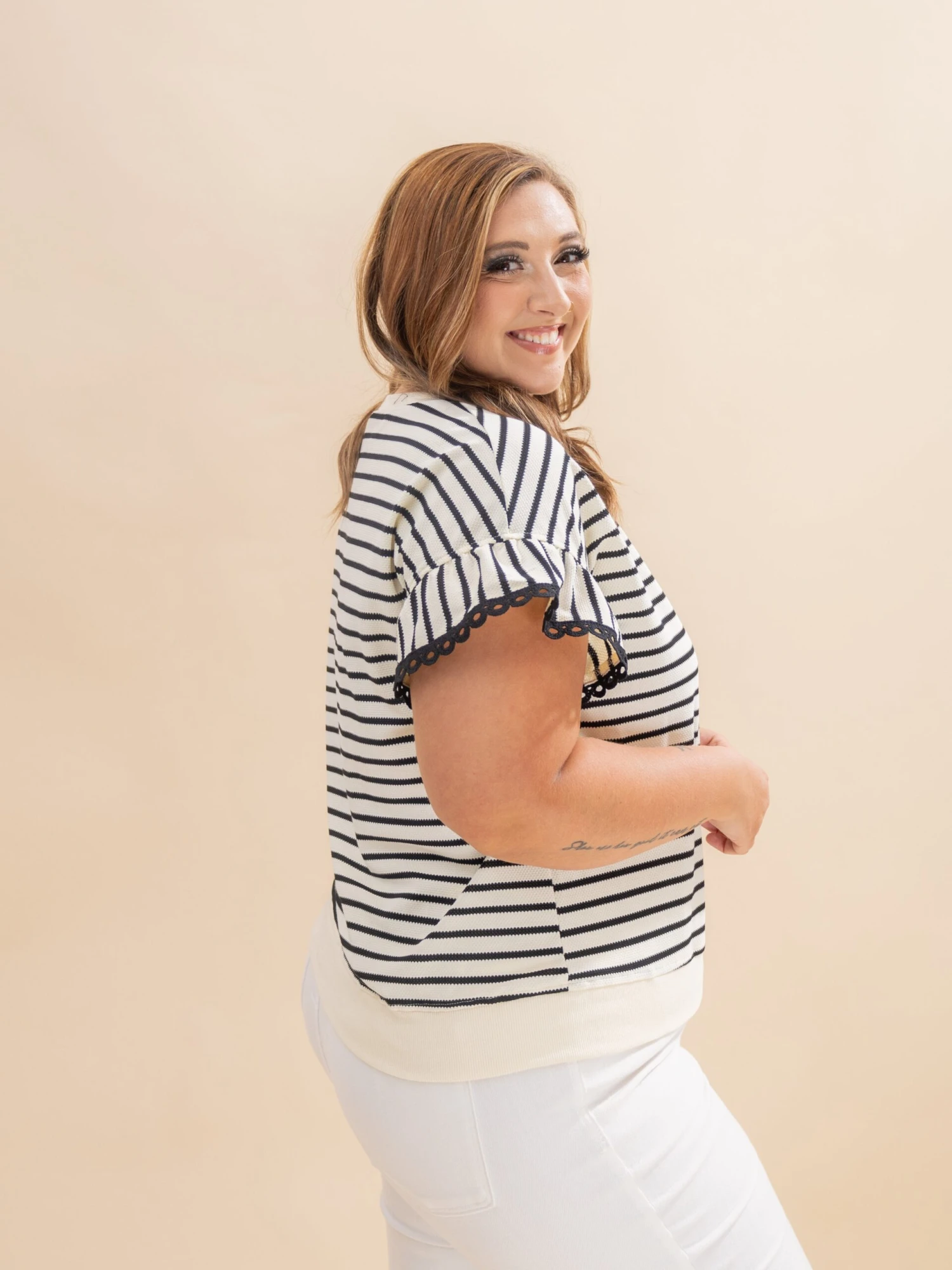 Stripe Scallop Lace Trim Ruffle Short Sleeves Crewneck Top | S-3X 2 Stripe Scallop Lace Trim Ruffle Short Sleeves Crewneck Top | S-3X - Image 2