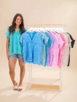 Zenana Washed Double Gauze Raw Edge Short Sleeve Top | S-3X