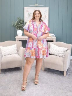 Patchwork Print Short Dress With Puff Sleeves | S-2XL