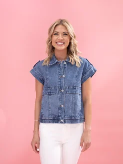 Acid Wash Elastic Hem Button Up Denim Vest | S-XL