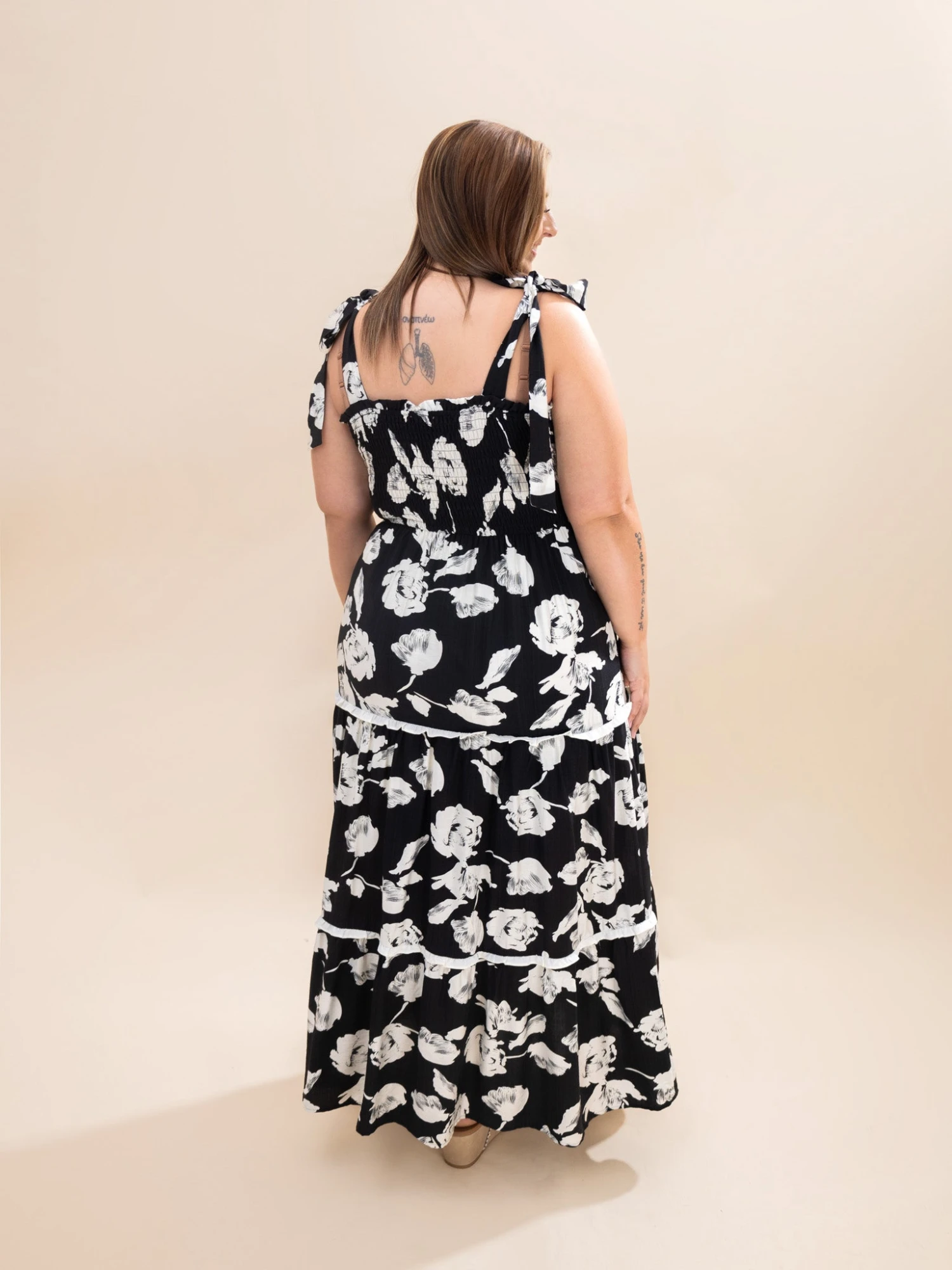 Woven Print Smocking Tiered Maxi Dress W/ Shoulder Tie & Side Pocket | S-2XL 4 Woven Print Smocking Tiered Maxi Dress W/ Shoulder Tie & Side Pocket | S-2XL - Image 4