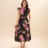 Short Flutter Sleeve Ruffle Neck Floral Midi Dress | S-3XL