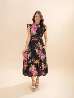 Short Flutter Sleeve Ruffle Neck Floral Midi Dress | S-3XL