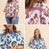 Floral Fall Print 3/4 Length Sleeve Blouse W/ Decorative Trim Details & Tassel Neck Tie | S-L