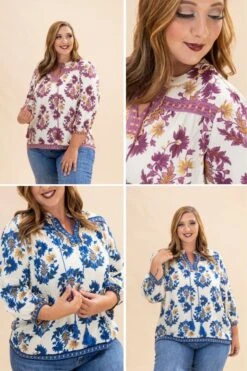 Floral Fall Print 3/4 Length Sleeve Blouse W/ Decorative Trim Details & Tassel Neck Tie | S-L