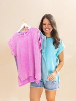 Zenana Woven Double Gauze Acid Washed Short Sleeve Top | S-L -Discount Divas Shop 2f042554104f52b9863589c02b2d78e3