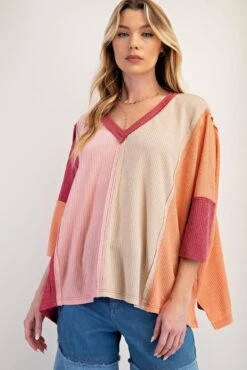 Half Sleeve Color Block Thermal Knit V Neck Top | S-L Easel