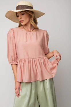 Short Sleeve Rayon Crepe Ruffle Bottom Babydoll Top | S - L Easel