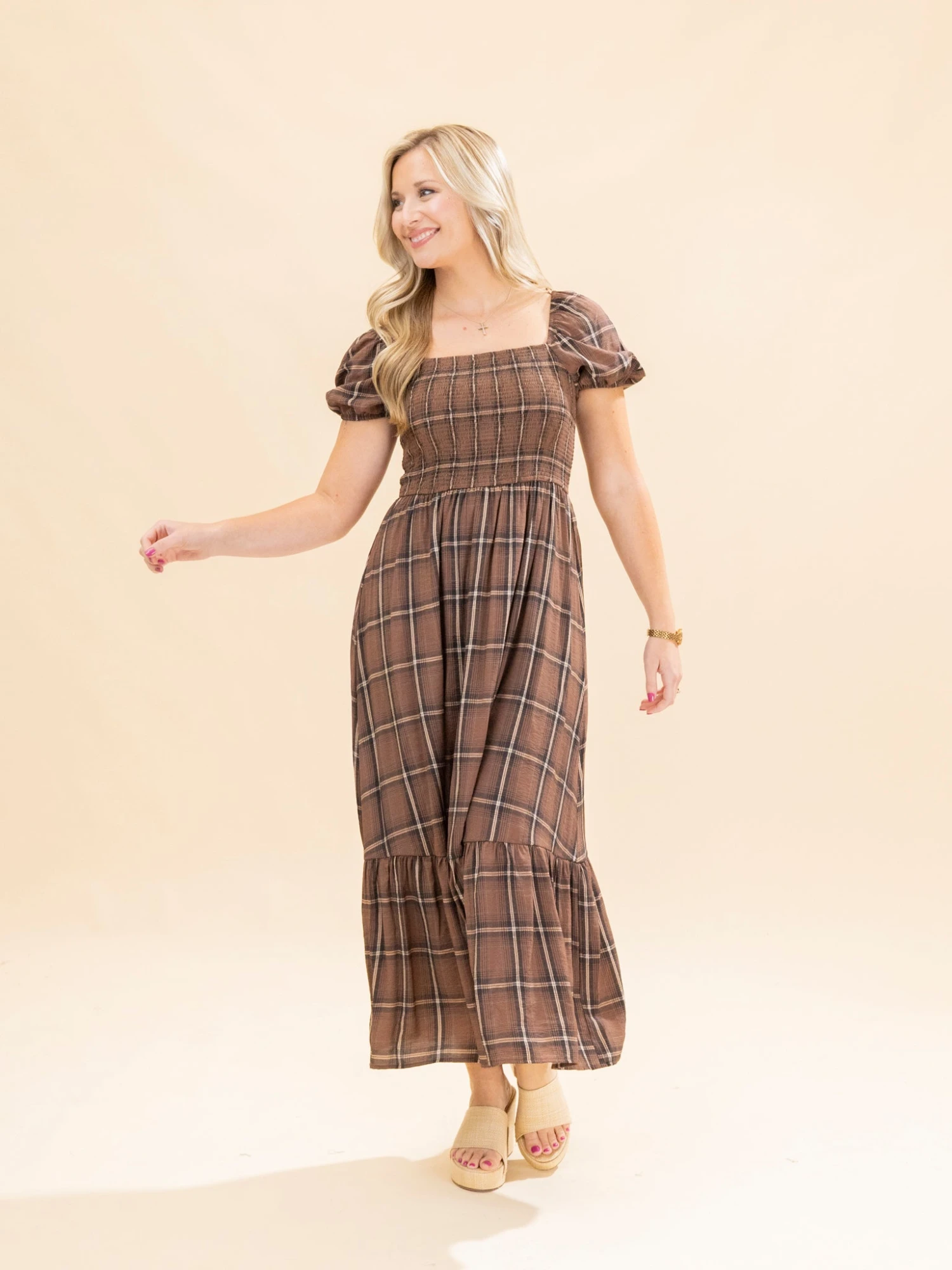 Plaid Smocked Puff Sleeve Ruffle Hem Midi Dress | S-L 10 Plaid Smocked Puff Sleeve Ruffle Hem Midi Dress | S-L - Image 10