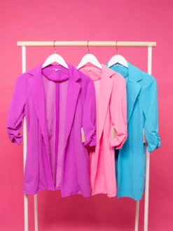 Shirred Quarter Sleeves Solid Open Front Blazer | S-L