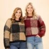 Plaid Knit Pattern Crewneck Pullover Sweater | S-L