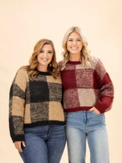 Plaid Knit Pattern Crewneck Pullover Sweater | S-L