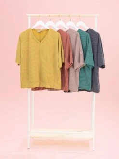 Raised Rib Half Sleeve V Neck Top By DD Design | S-3XL