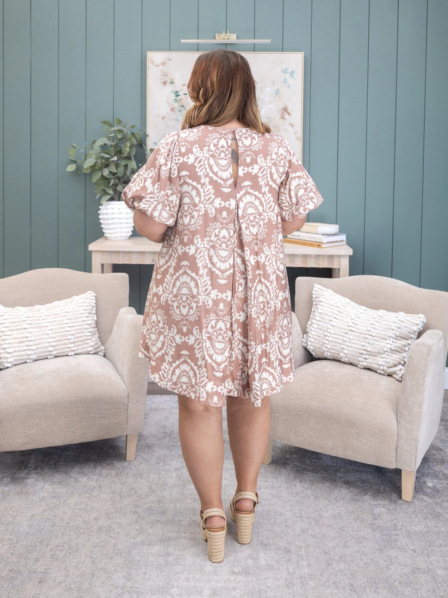 Botanical Print Short Dress With Puff Sleeves | S-2XL 5 Botanical Print Short Dress With Puff Sleeves | S-2XL - Image 5