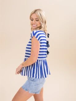 Drop Shoulder Woven Striped Top With Contrast Back Bow Tie | S-L Americana -Discount Divas Shop 3373864c8b9684b86af308f60071415e