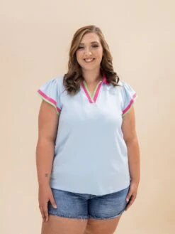 Color Contrast Ruffled Sleeve Collared V Neck Blouse | S-XL Bright & Bold