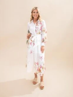 Print Long Sleeve Button Down Midi Dress | S-3XL