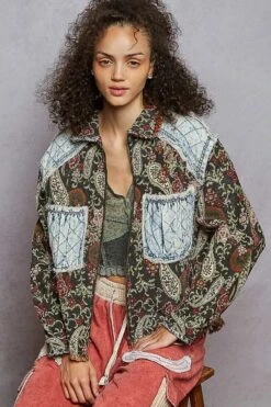 Jacquard Denim Patch Balloon Sleeve Shaket | S - L POL