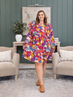 Oddi Floral Print Ruffle Detail Long Sleeve Mini Dress | S-3XL