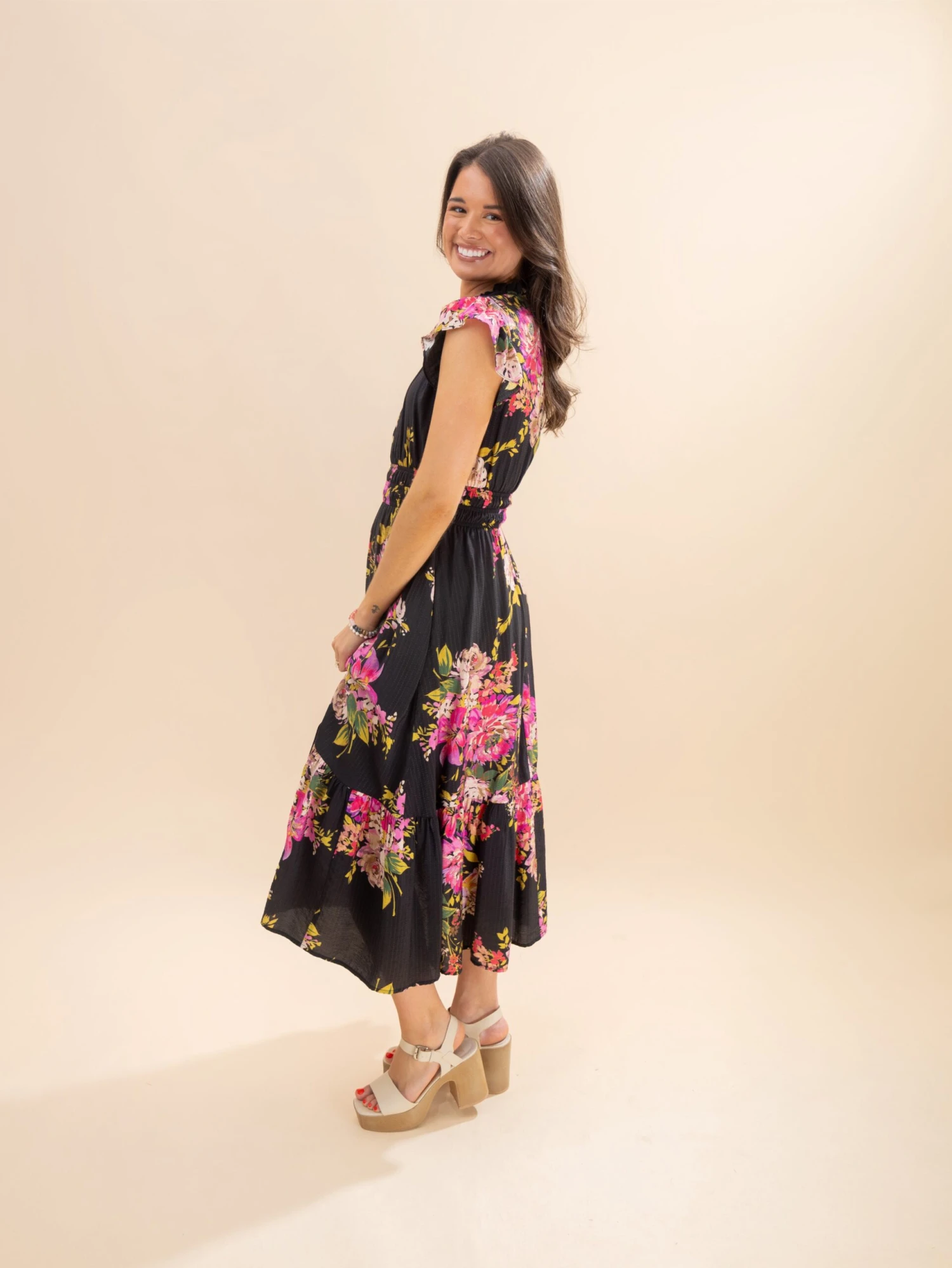 Short Flutter Sleeve Ruffle Neck Floral Midi Dress | S-3XL 2 Short Flutter Sleeve Ruffle Neck Floral Midi Dress | S-3XL - Image 2