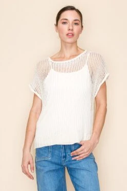 Short Sleeve Boat Neck Solid Under Layer & Open Knit Top | S-3X White Birch