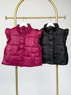 Shoulder Ruffled Button Down Puff Vest W/ Full Zip | S - 3XL