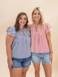 Ruffle Sleeve Woven Stripe Top With Pintuck Detail And Front Tie | S-L