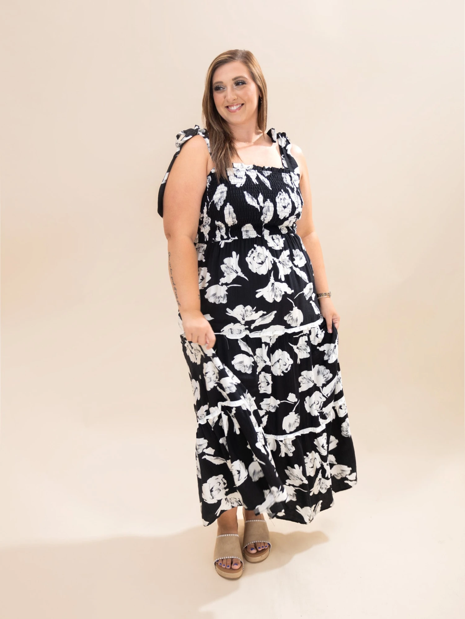 Woven Print Smocking Tiered Maxi Dress W/ Shoulder Tie & Side Pocket | S-2XL 2 Woven Print Smocking Tiered Maxi Dress W/ Shoulder Tie & Side Pocket | S-2XL - Image 2