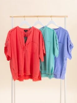 Washed Linen Top With Frayed Hem Detail | S-L