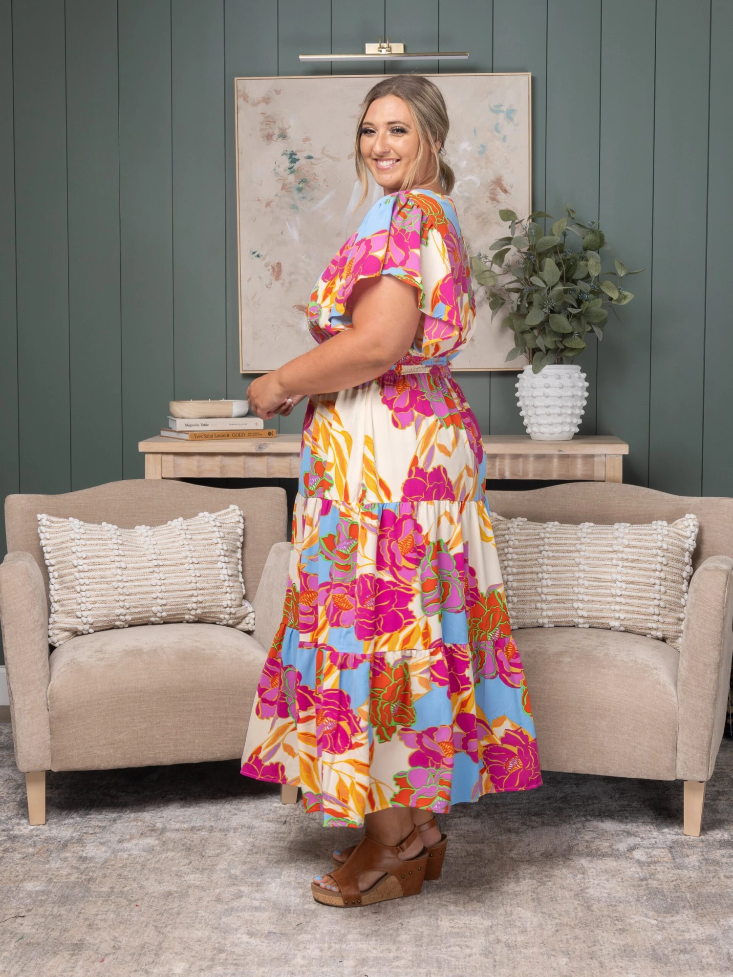 Floral Tiered V-Neck Ruffle Short Sleeves Midi Dress | S-3XL 2 Floral Tiered V-Neck Ruffle Short Sleeves Midi Dress | S-3XL - Image 2