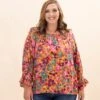 Printed Rayon Challis Ruffle Sleeve Blouse | S-3X