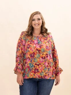 Printed Rayon Challis Ruffle Sleeve Blouse | S-3X