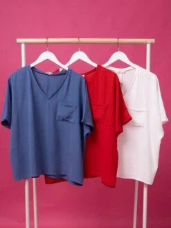 Woven V-Neck Short Sleeve Chest Pocket Top | S-2X