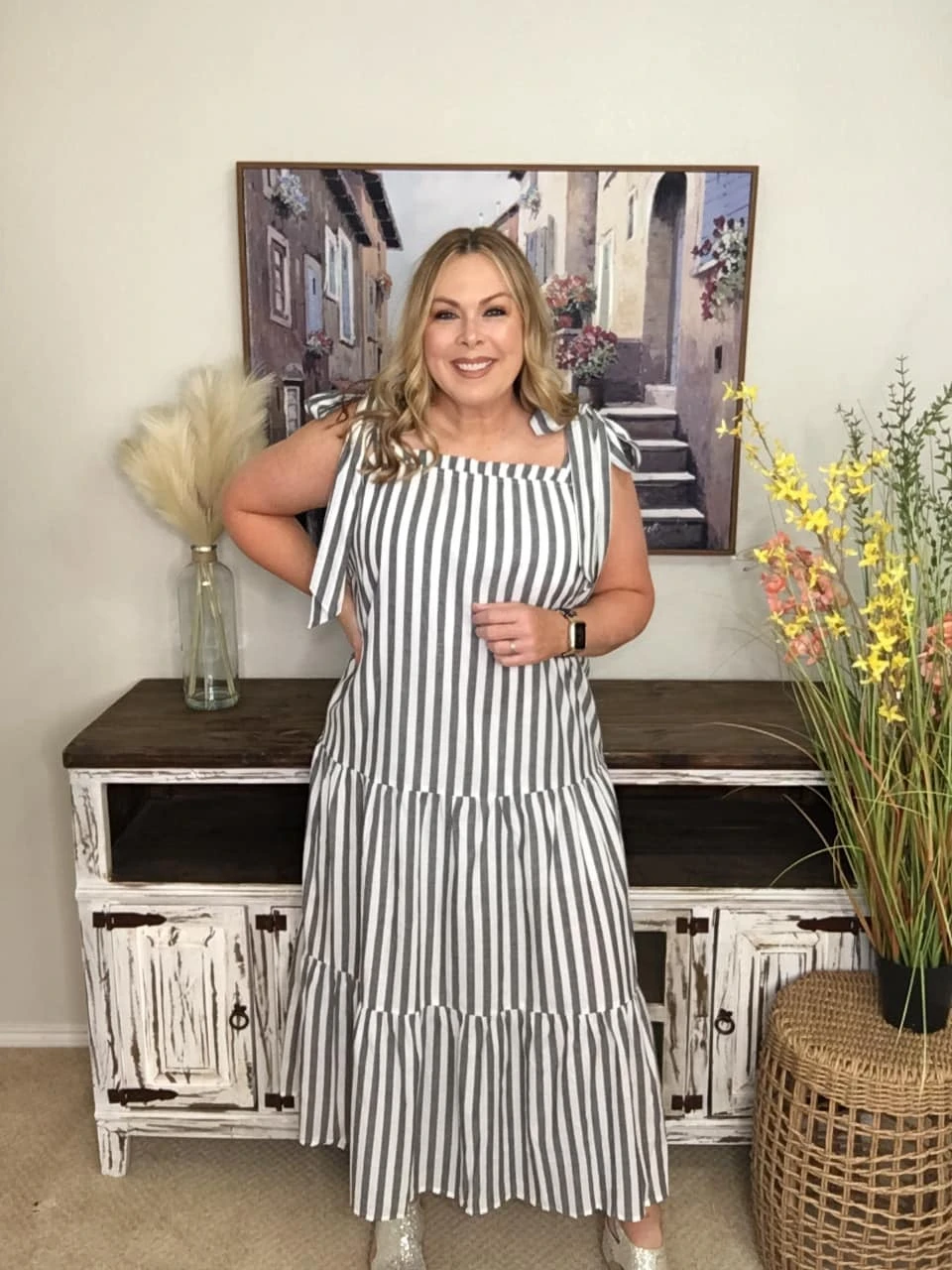 Tiered Striped Dress W/ Adjustable Tie Straps | S-3X 1 Tiered Striped Dress W/ Adjustable Tie Straps | S-3X