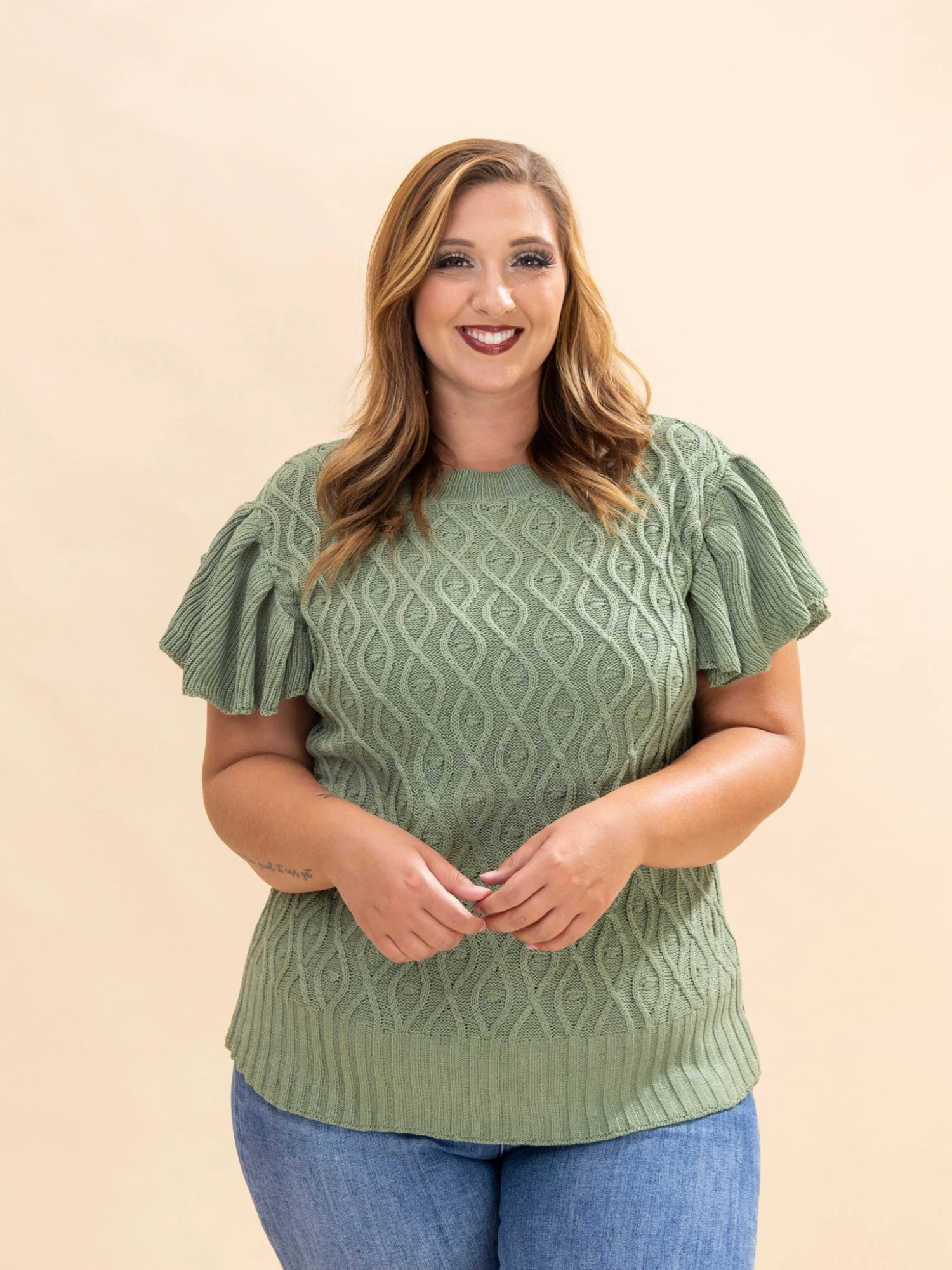 Cable Knitted Short Flutter Sleeve Sweater | S-3XL 2 Cable Knitted Short Flutter Sleeve Sweater | S-3XL - Image 2