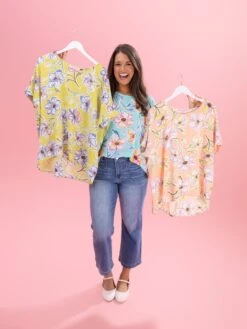 Floral Airflow Short Sleeve W/ Band Round Neck Top By DD Design | S-3XL