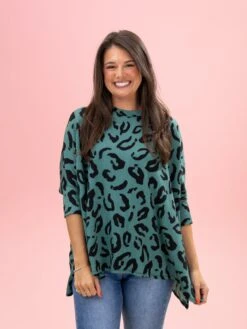 Raised Rib Green Leopard Easy Fit 3/4 Sleeve Top By DD Design | Reg-Plus