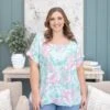 Leaf Print Square Neckline Short Sleeve Top | S-3XL