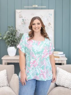 Leaf Print Square Neckline Short Sleeve Top | S-3XL