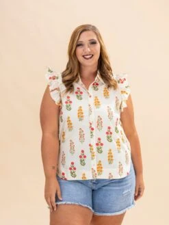Floral Button Up Top W/ Ruffle Short Sleeves | S-L