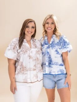 Two Tone Landscape Print Boxy Cut Top | S-L