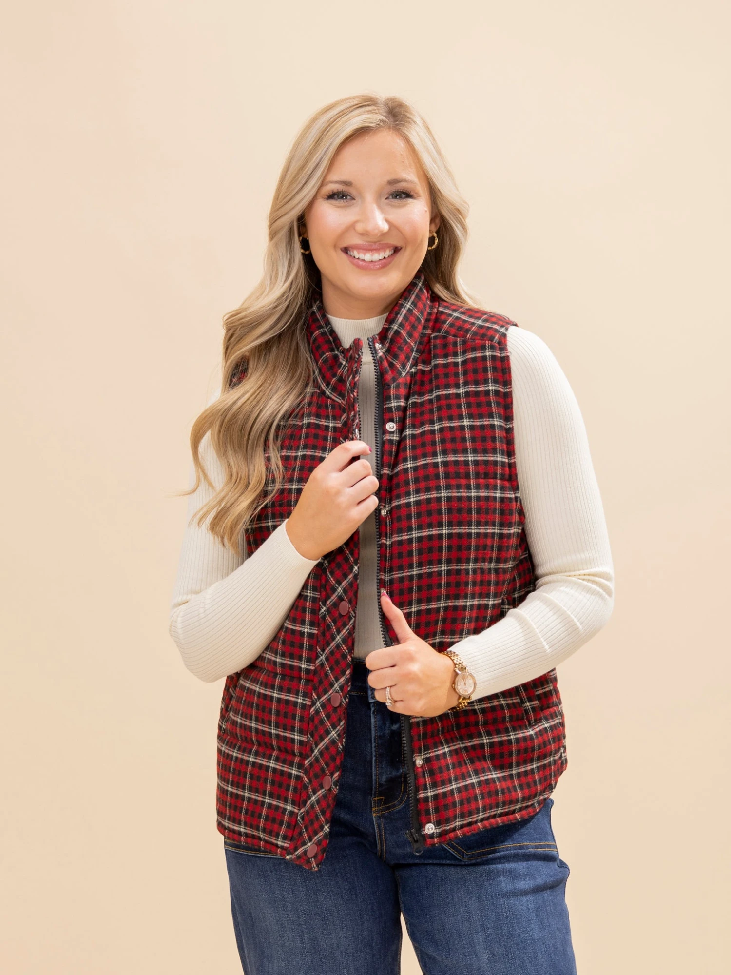 STACCATO Mock Neck Plaid Puffer Vest | S-XL 2 STACCATO Mock Neck Plaid Puffer Vest | S-XL - Image 2