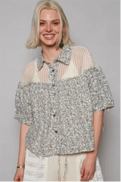 Floral Print Knit Contrast Button Down Top| S - L POL