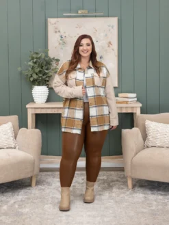 Plaid Print Corduroy Sleeve Collared Shacket | S-3X