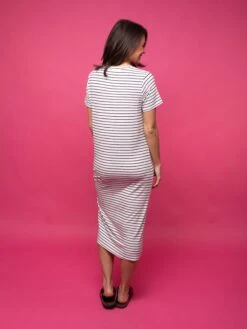 V-Neck Short Sleeve Striped Ribbed Midi Dress | S - L -Discount Divas Shop 4c542224fab0a358730c5356092f7e00